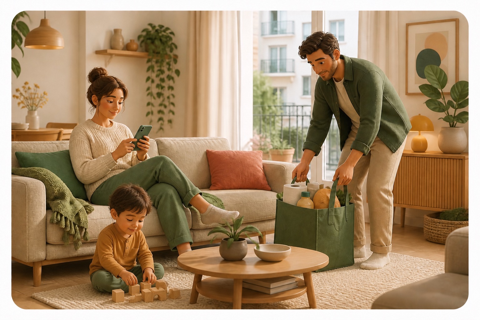 A family calmly organising everyday shopping while a child plays at home
